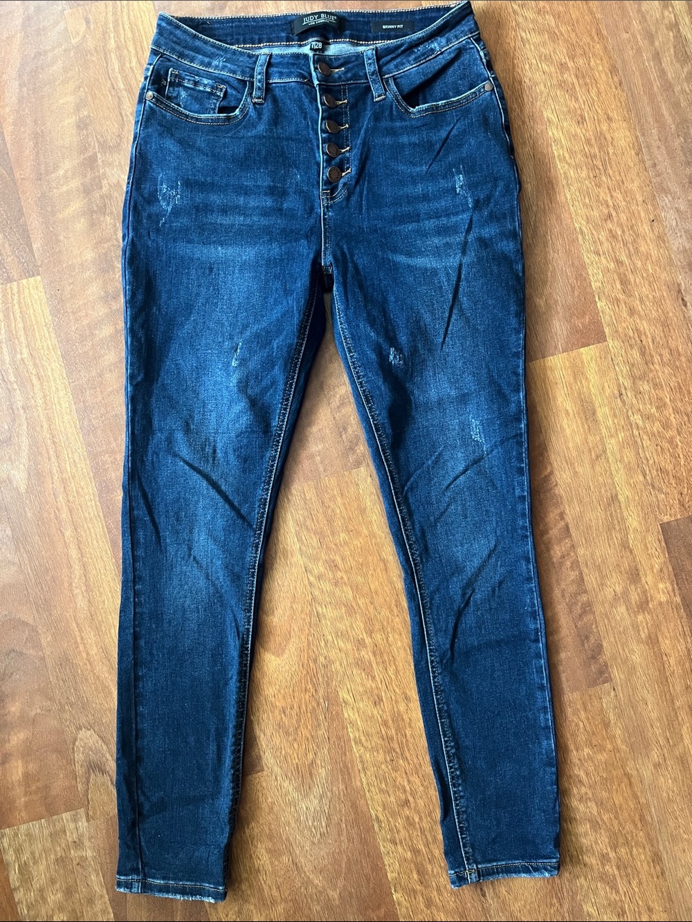 Like new Judy Blue Dark Blue Light Distressed Skinny Jeans with Button Fly